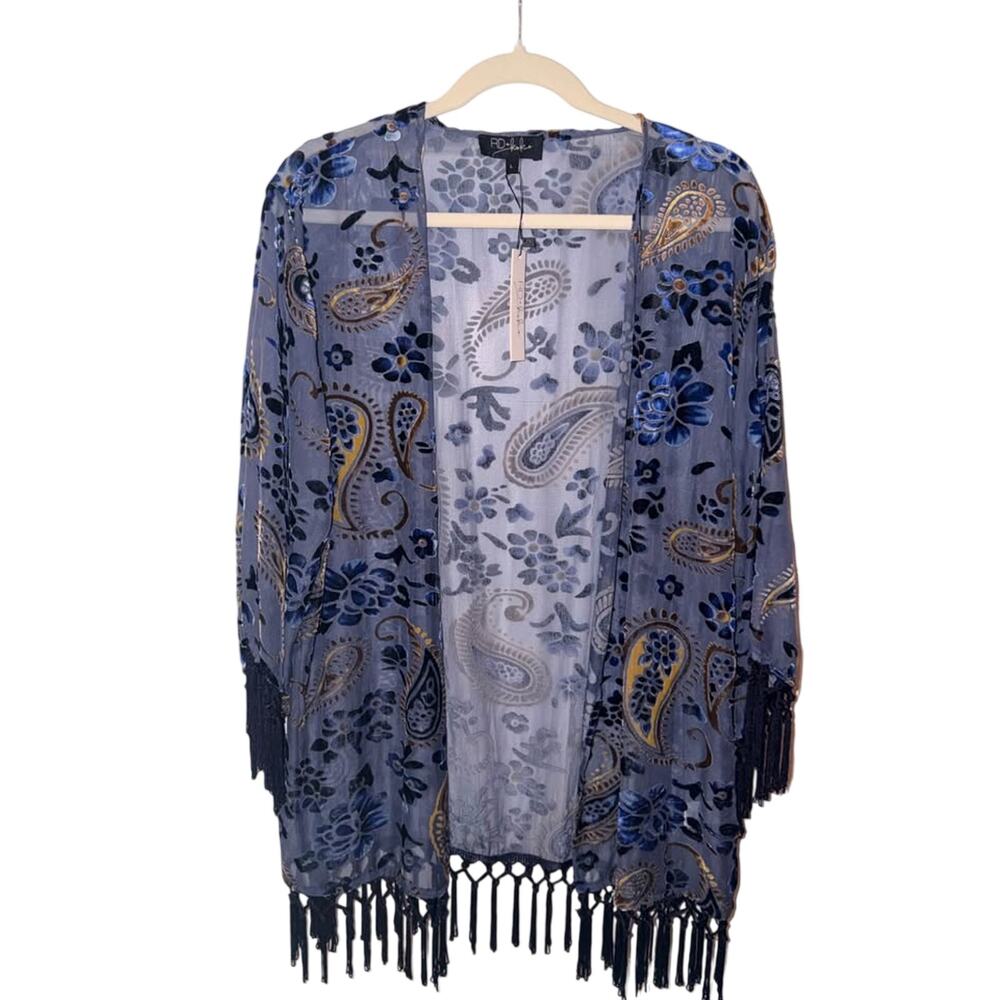 NWT RD Style Blue Paisley Velvet Burnout Fringe Kimono – Size Large